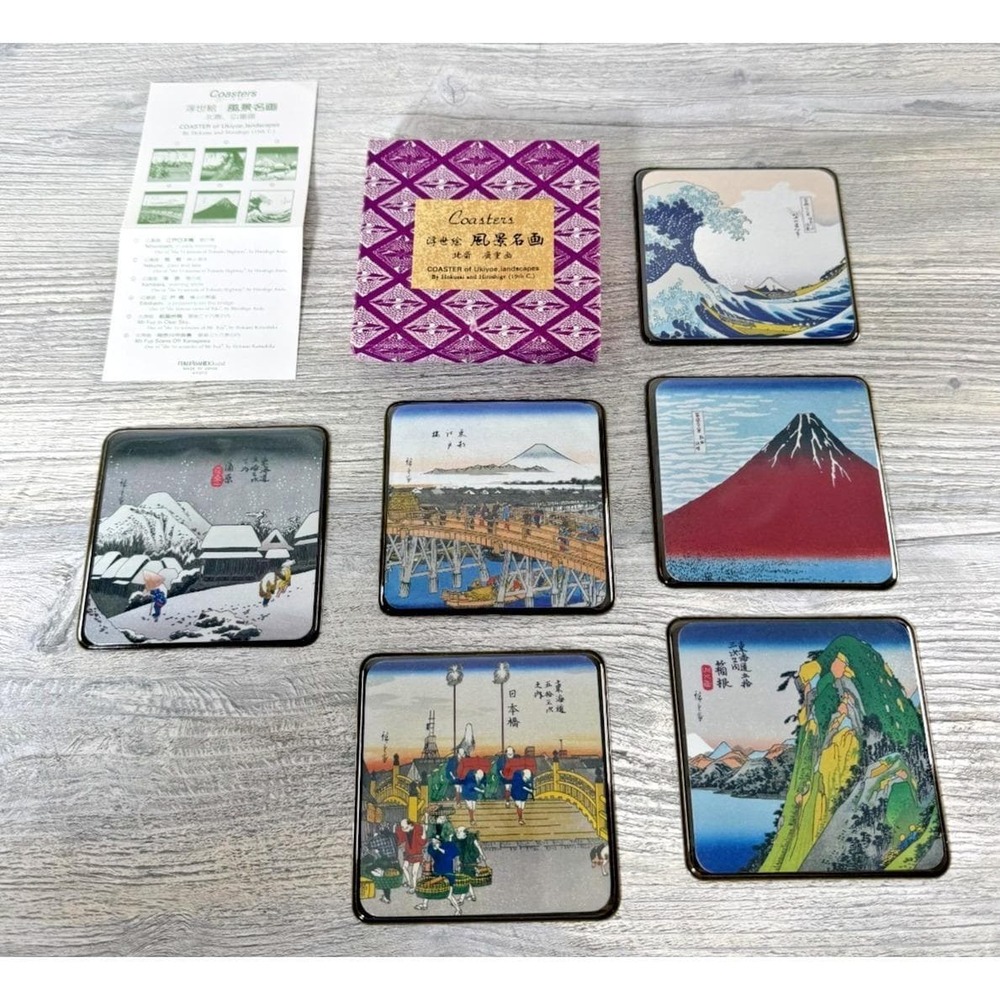 Japanese Coasters Ukiyoe With Landscape Covered In Clear Plastic Set Of 6 In Box